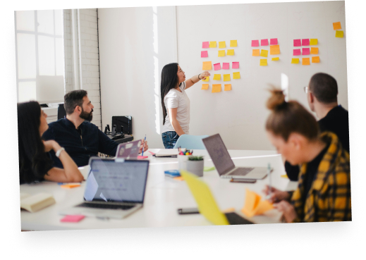 Image of a team doing product discovery with sticky notes on board