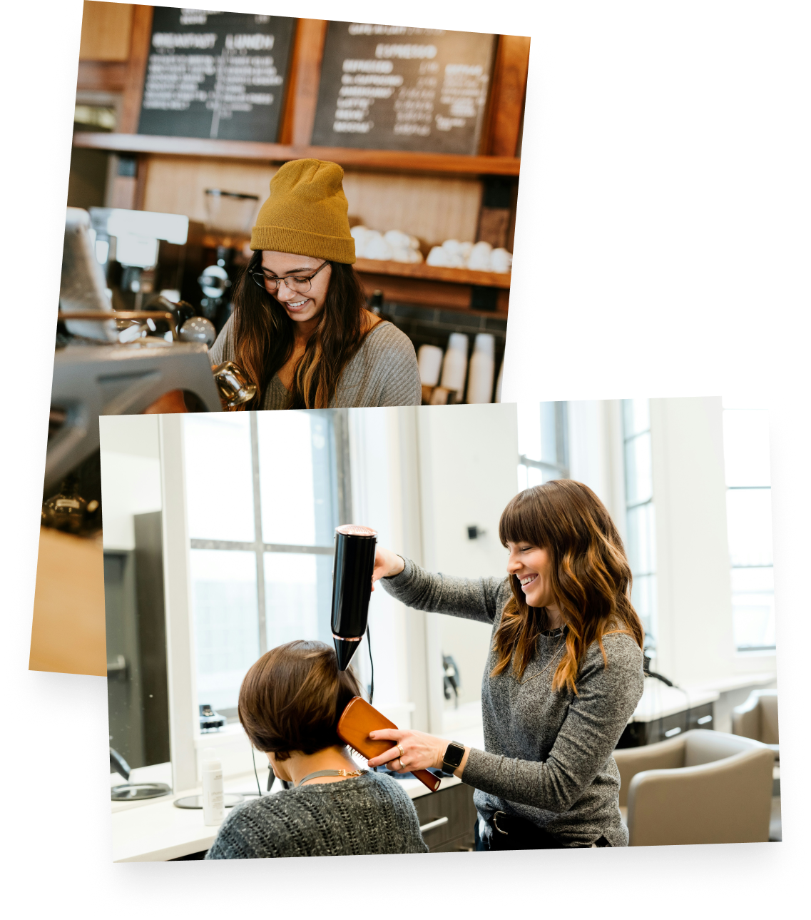 Examples of use cases on types of businesses using Retreezy. The images are of a hairsalon stacked on top of a barista making coffee