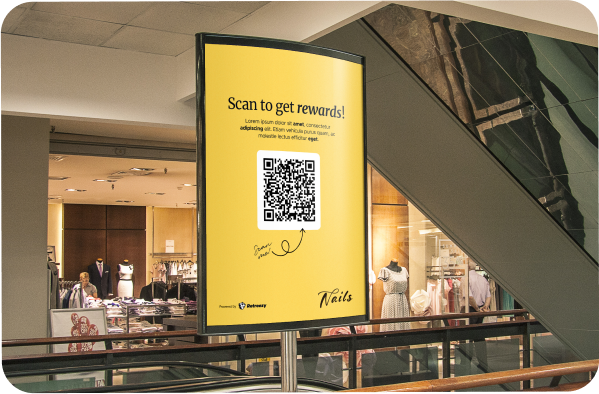 image set in a shopping center with a board displaying a QR code for the loyalty program of a shop